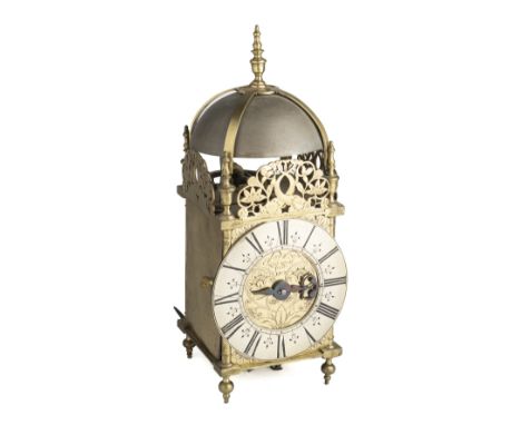 A QUEEN ANNE BRASS LANTERN CLOCK, WILLIAM WOOD, NAILSWORTH, DATED 1707 with a 6 inch silvered chapter ring applied over the d