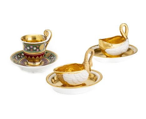 TWO 'PARIS PORCELAIN' SWAN SAUCEBOATS ON STANDS, LATE 19TH CENTURY each boat formed as the bird with neck bent to form the ha