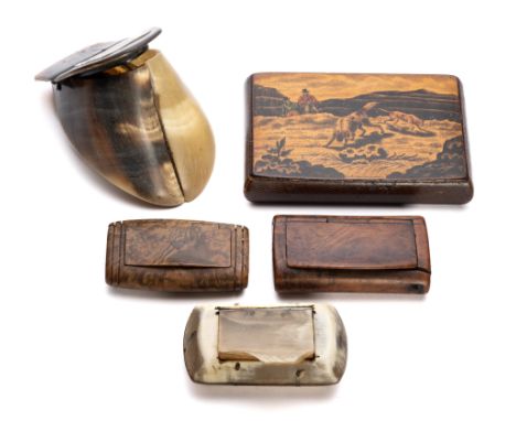 A SYCAMORE PENWORK SNUFF BOX, SCOTTISH, MID 19TH CENTURY oblong, the lid with a scene titled 'Partridge Shooting', trellised 