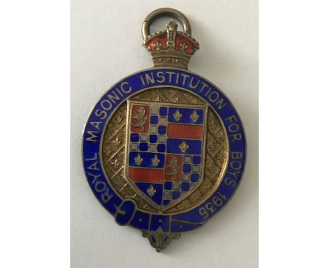 HALLMARKED SILVER &amp; ENAMEL FOB ROYAL MASONIC INSTITUTION FOR BOYS 1935
App.size: 4.5cm x 3cm
App.weight: 18g