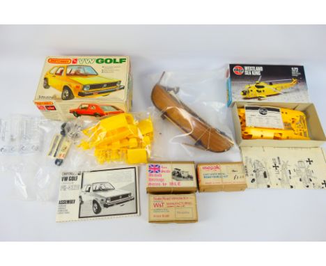 AMT - Airfix - W&T - 5 x boxed model kits, a VW Golf in 1:25 scale, a Westland Sea King in 1:72 scale, a Jensen lorry, a road