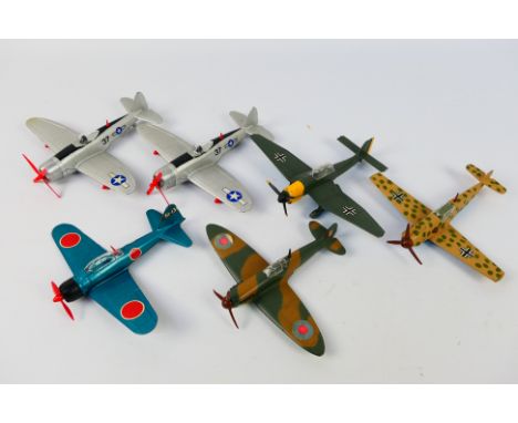 Dinky - 6 x unboxed airplanes including Messerschmitt Bf109E in desert camouflage # 726, 2 x P-47 Thunderbolt # 734, Spitfire