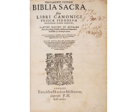 Bible, Latin. Testamenti veteris Biblia Sacra, 6 parts in 1, woodcut device on titles, complete with initial leaf (blank exce