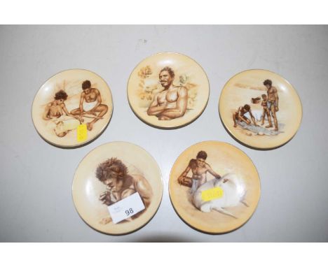 A group of five small porcelain dishes decorated with Aboriginal figures