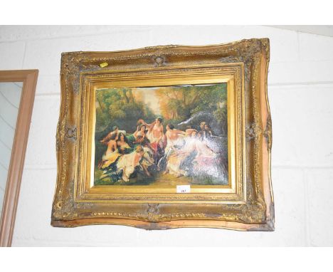 A framed oleograph of classical ladies set in a gilt frame