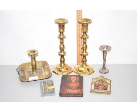 Mixed Lot: Small silver mounted stem vase, pair of brass candlesticks, chamber stick, abacus, reproduction icon picture etc