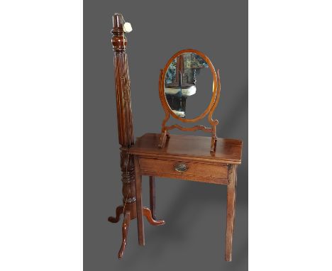 A 19th Century mahogany rectangular card table together with a mahogany lamp standard and swing frame toilet mirror 