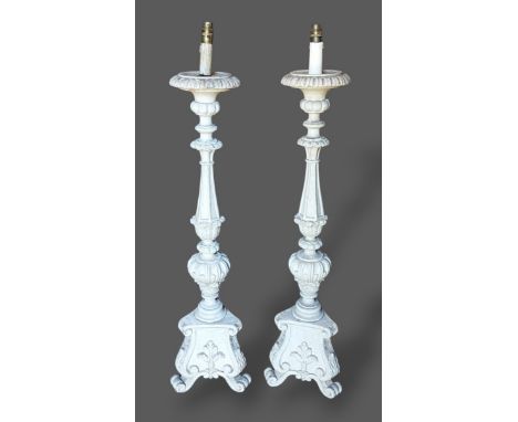 A pair of 18th Century style lamp standards with tri-form bases, 100cms tall together with a set of three Hepplewhite style s