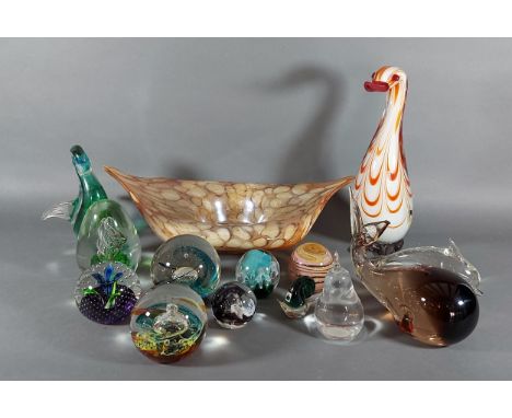 A Murano glass model in the form of a whale together with a collection of glassware to include paperweights and a bowl of sha