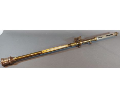 A 19th Century brass ships stick barometer thermometer, with gimble mount, 94cms long 