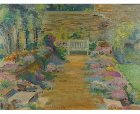Indistinctly signed, study of a garden with bench, oil on board, 30cms x 39cms 