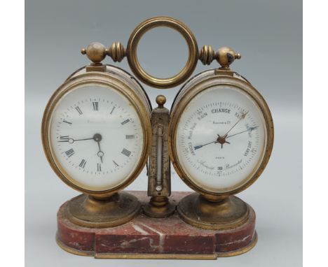 A late 19th Century clock, barometer, thermometer by Racine and Co. Paris, with a brass cased oval clock and barometer upon a