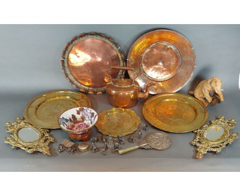 A pair of small brass wall mirrors together with various copper ware and a collection of metal model animals 