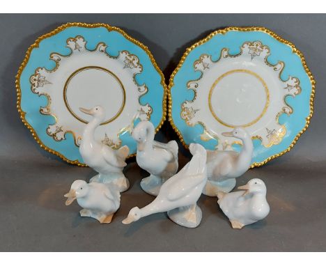 A pair 19th Century gilded plates together with six Nao ducks 