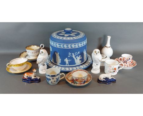 A Wedgwood style blue basalt cheese dome and stand together with other ceramics to include cups and saucers 