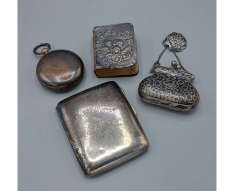 A Birmingham silver cigarette case together with a Whispers decorated prayer book, a Russian Niello purse and a silver pocket