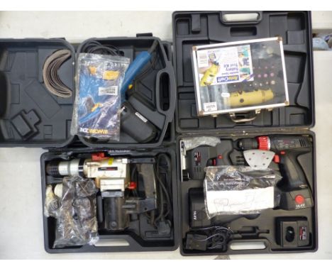 Collection of power tools to include Workzone 400W Electric File, Rota Craft rotary tool kit, Woolworths Workshop power drill