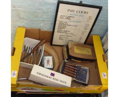 Mixed vintage items to include a cased set of Silk Cut dominoes, wood carving tools, and a public house framed price list fro