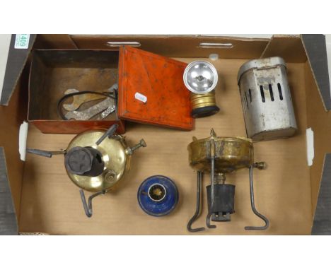 A Collection of Burners, Lanterns and Metalware including two burners, small torch, blue enamel lamp etc. (1 Tray)