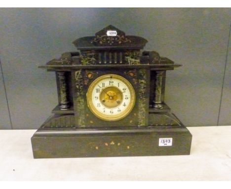 Antique marble and slate mantle clock of architectural form, height 37cm, width 46.5cm.