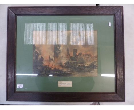 Two large military theme coloured prints: Arras 1915 and Ypres 1915, both framed in dark oak and set in deep green mounts beh