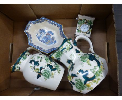 Mason's ceramic items to include a small mantle clock and 2 jugs in the Green Chartreuse pattern together with a Gold Willow 