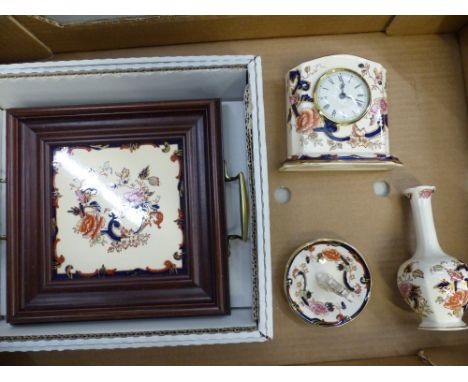 Mason's ceramic items to include a boxed framed tile tray, mantle clock, bud vase and a ring tree all in the Blue Mandalay pa
