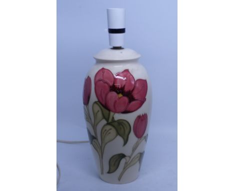 Moorcroft table lamp in the Pink Magnolia pattern, height of ceramic base 26.5cm.