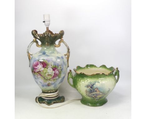 Victorian Lamp of baluster form 28440 40cm tall (repair noted to base) with KLM Staffordshire Footed Handled Planter(2)