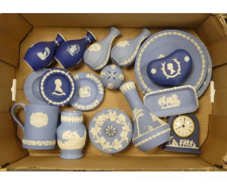Wedgwood, A Mixed collection of jasperware includes dip blue vases, vases, pots, mugs, mantle clock (1 Tray)