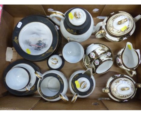 Two hand-painted Oriental part tea sets, comprising a Noritake tea set decorated with floral panels, black and gilt border, c