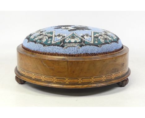 Victorian Beaded Footstool on Inlaid Base with Ceramic Feet.