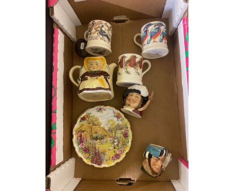 Mixed ceramics to include three Emma Bridgewater bird theme mugs, two Royal Doulton small character jugs, a novelty Tony Wood