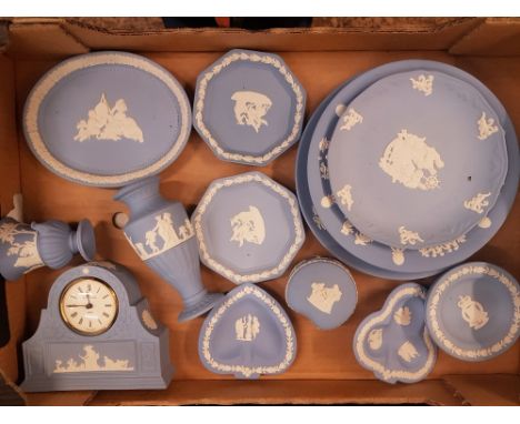 Wedgwood, Blue Jasperware to include vase, mantle clock, dishes, plates etc. (1 Tray)