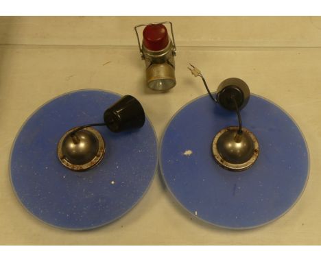 Two Industrial Ceiling Lights fitted with blue glass type shades 38cm dia also hand held lamp with red warning lamp on the to
