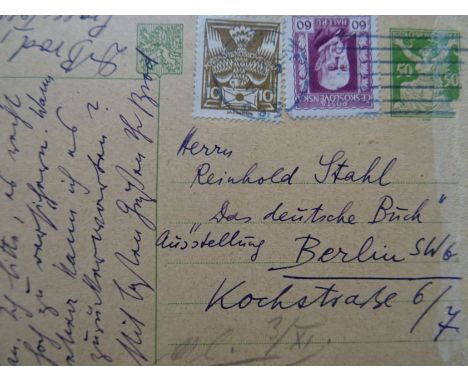 Brod, Max (Prag 1884 - 1968 Tel Aviv). Eigenhändige Postkarte an Reinhold Stahl in Berlin. Mit Unterschrift. Prag, 2/11 (1925