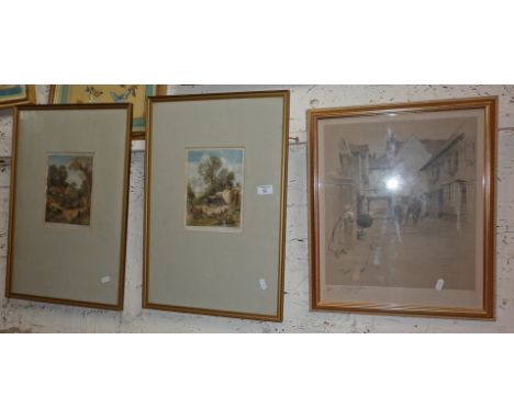 Pair of L. Dupont engraved colour prints of Birkett Foster rural scenes. Together with a Cecil ALDIN print of a town scene wi