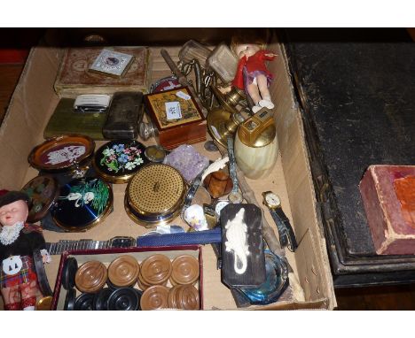 Large box of miscellaneous items, inc. compacts, bracket candlesticks, riding crop etc. and a Masonic tin box