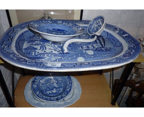 Large Victorian blue and white transfer printed meat platter, similar ladle and four plates