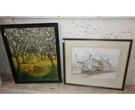A signed H. BOSTON colour print of East Street, Bridport Station with train and an oil on board of a cider orchard with figur