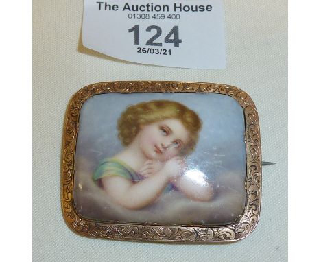 Victorian miniature portrait of child on porcelain panel set into gold? surround