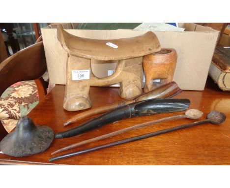 Tribal Art: African chiefs stool headrest, two carved and decorated antelope horn scoops, two wood snuff spoons, a small carv