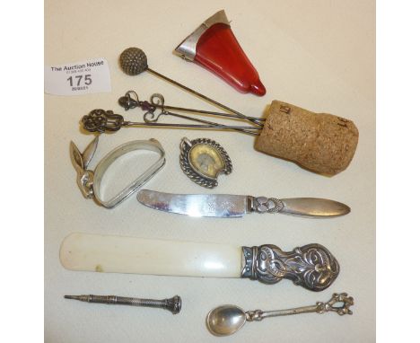 Mixed lot antique silver, inc. hatpins, Cranberry glass posy holder, Georg Jensen butter knife, compass, hare, napkin ring, s