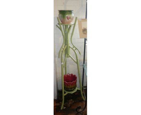 Painted bamboo two-tier plant stand with two jardinieres