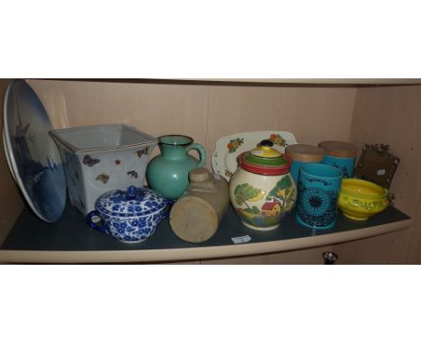 Shelf of assorted ceramics including Portmeirion 'Sailing Ships' storage jars