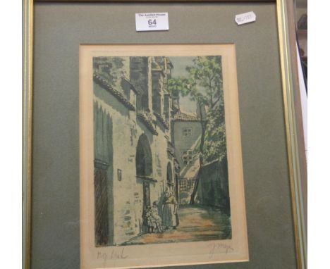 Signed colour print of a Continental town scene with figures