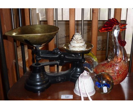 Lladro bell, Murano art glass cockerel, kitchen scales, etc.
