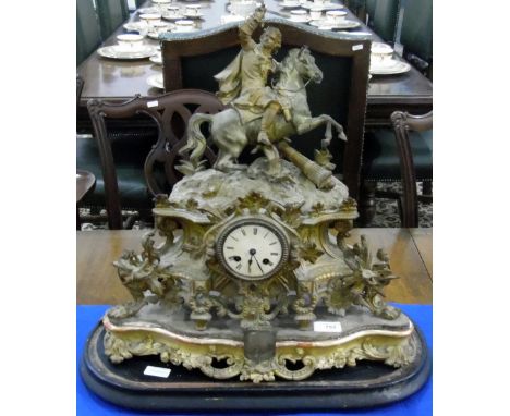 French 19th century ormolu clock with figure riding horse, enamel Roman numeral dial with Egyptian plaque to front, presented