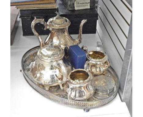 Silver-plated four-piece tea service and oval tray 