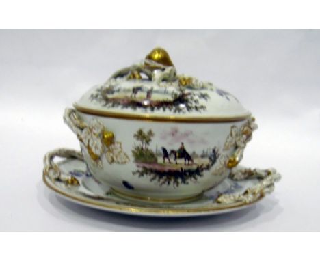 Sceaux faience circular sauce tureen with stand and cover, two-handled and having vignettes of pairs of figures in landscapes